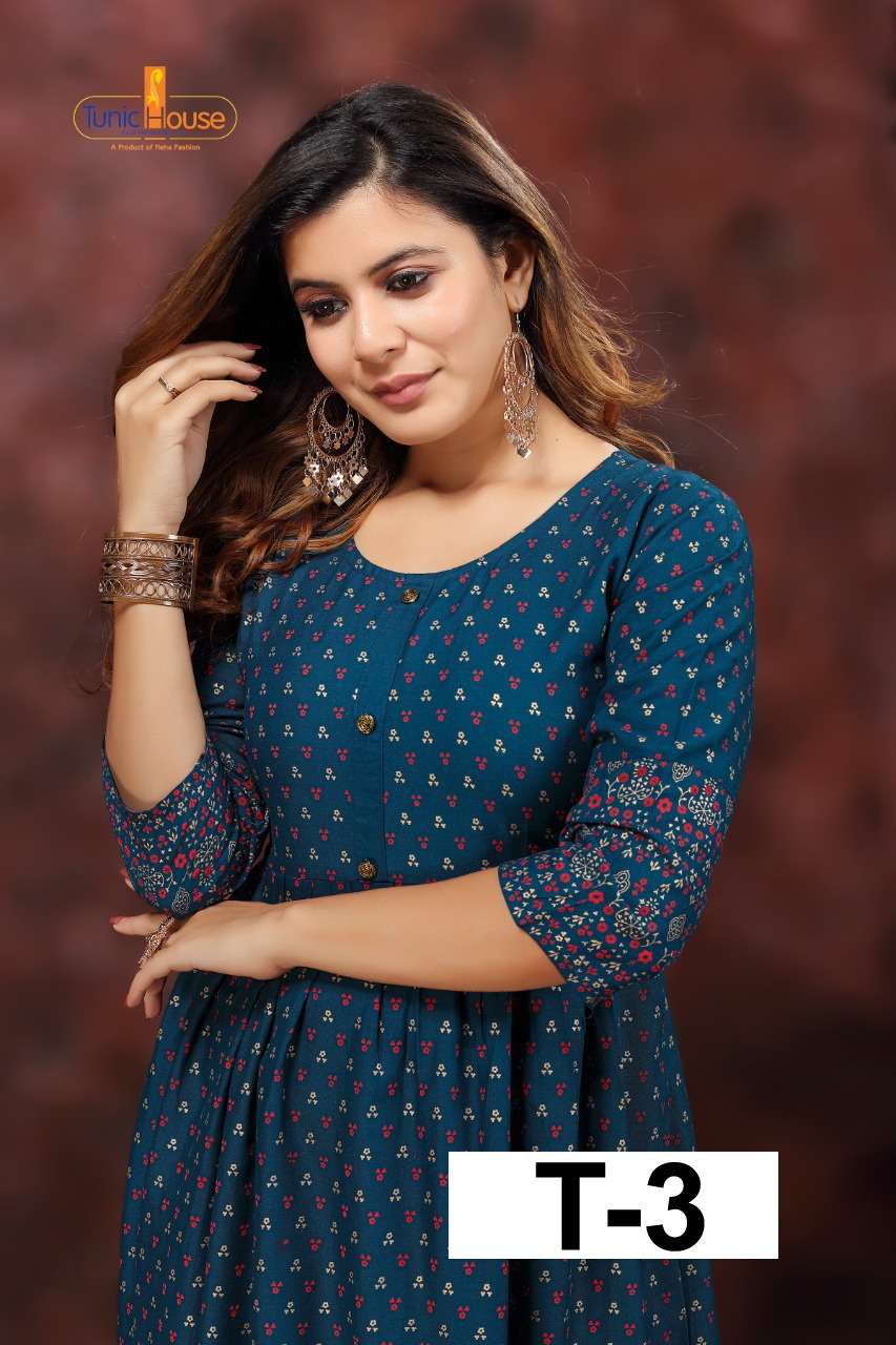 T-3 BY TUNIC HOUSE RAYON WITH GOLD PRINT FLAIR KURTI COLLECTION WHOLESALER