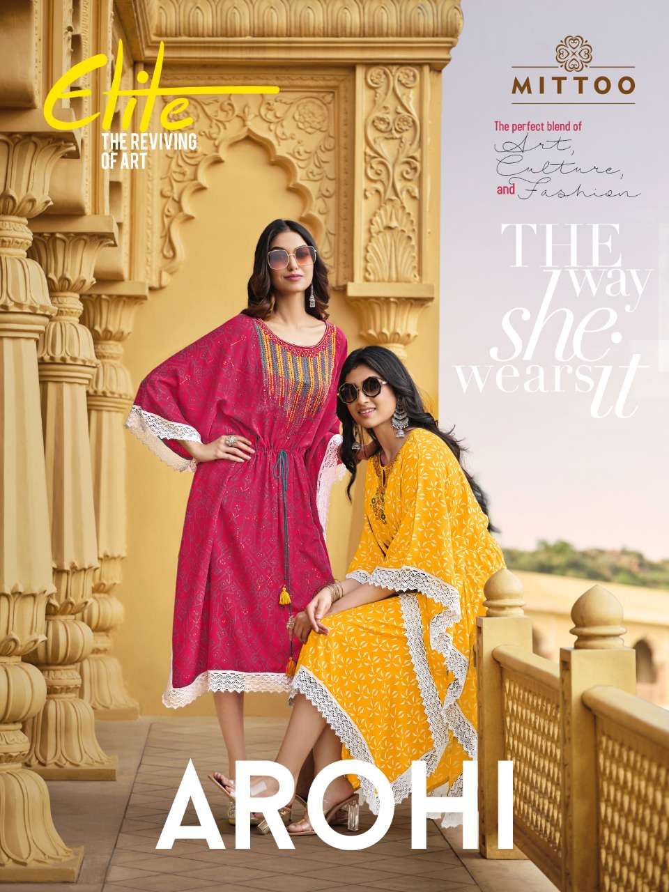 AROHI BY MITTOO NEW DESIGNER HEAVY RAYON PRINT WITH LACE KAFTAN COLLETION WHOLESALER