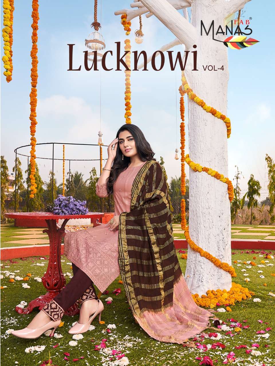 LUCKNOWI VOL 4 BY MANAS FAB NEW DESIGNER HEAVY LUCKNOWI WORK KURTI PENT WITH DUPATTA COLLECTION WHOLESALER