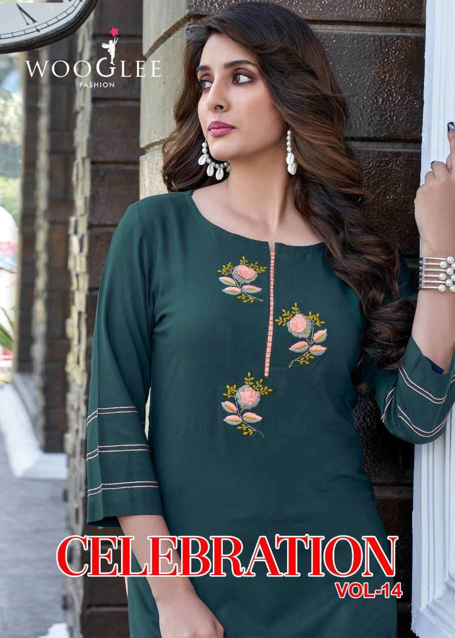 CELEBRATION VOL 14 BY WOOGLEE NEW HEAVY LATEST KURTI WITH PENT/PLAZO COLLECTION WHOLESALER