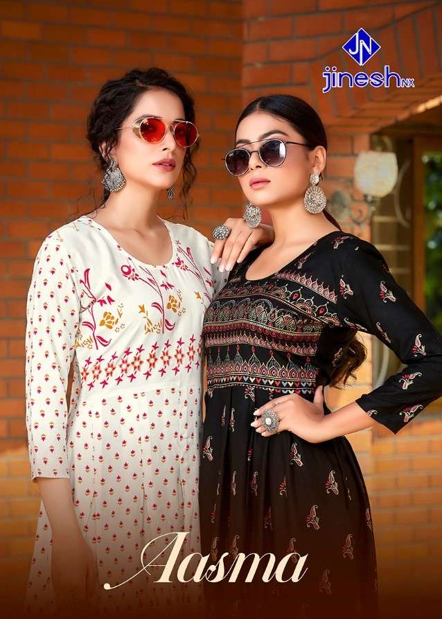 AASMA BY JINESH NX NEW HEAVY FANCY RAYON FOIL PRINT FLAIR PATTERN WITH FLOOR LENGTH KURTI COLLECTION WHOLESALER