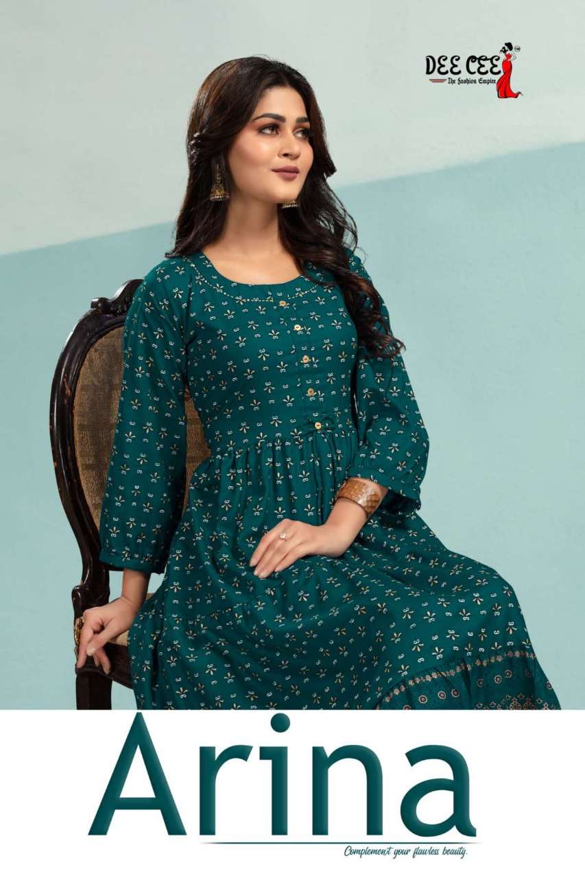 ARINA BY DEECEE NEW HEAVY DESIGNER FOIL PRINTED RAYON FLAIR PATTERN KURTI COLLECTION WHOLESALER