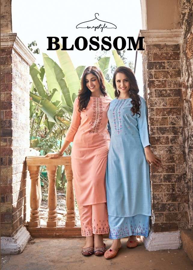 BLOSSOM BY SNAPSTYLE NEW HEAVY FANCY DESIGNER RAYON SUPER SLUB KURTI WITH PLAZO COLLECTION WHOLESALER