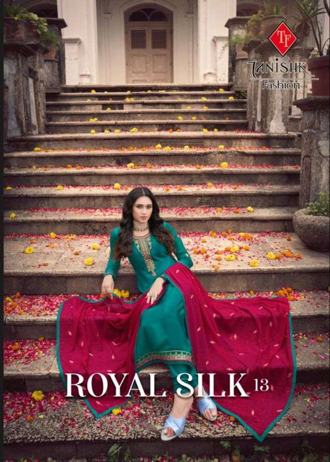ROYAL SILK 13 BY TANISHK FASHION PRESENTING NEW HEAVY FANCY DESIGNER FRENCH CRAPE UNSTICH DRESS MATERIAL COLLECTION WHOLESALER