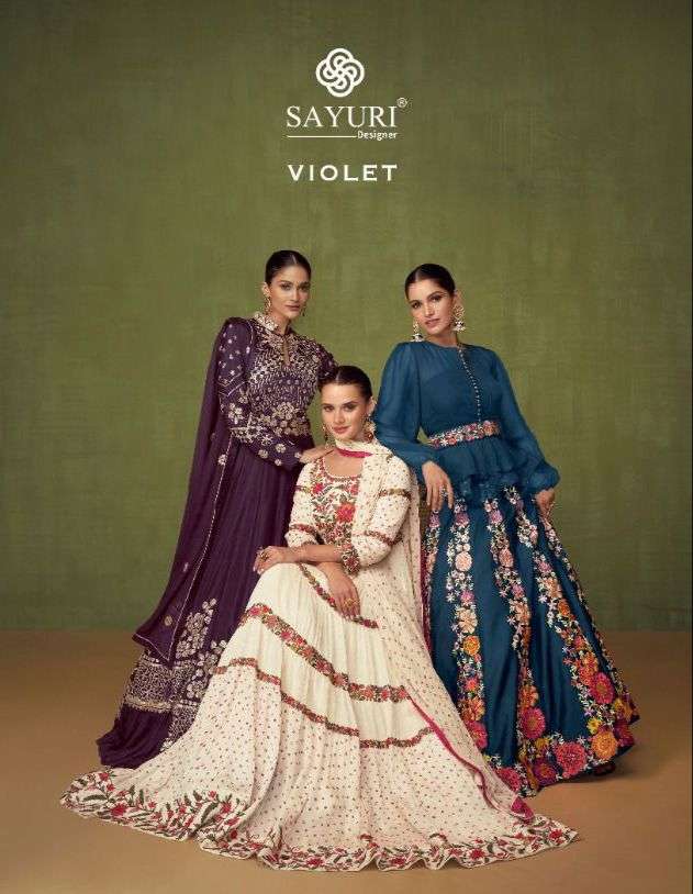 VIOLET BY SAYURI DESIGNER PRESENTING NEW HEAVY FANCY DESIGNER REAL GEORGETTE FULL EMBRODIERY FREE SIZE STICHED WEDDING WEAR COLLECTION WHOLESALER