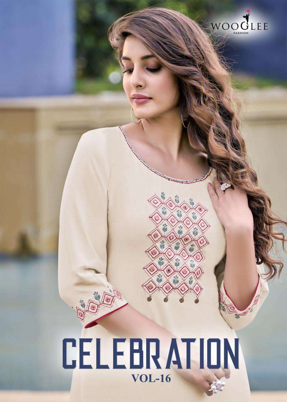 CELEBRATION VOL 16 BY WOOGLEE PRESENTING NEW HEAVY FANCY RAYON PRINT KURTI WITH PLAZO COLLECTION WHOLESALER