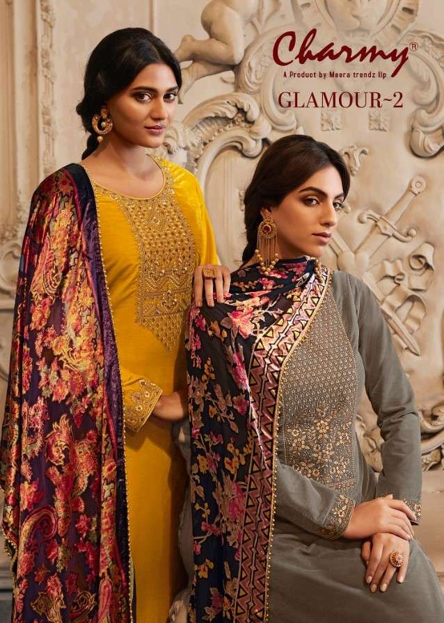 CHARMY GLAMOUR 2 BY MEERA TRENDZ PRESENTING NEW HEAVY FANCY DESIGNER VELVET DYED UNSTICH DRESS MATERIAL COLLECTION WHOLESALER