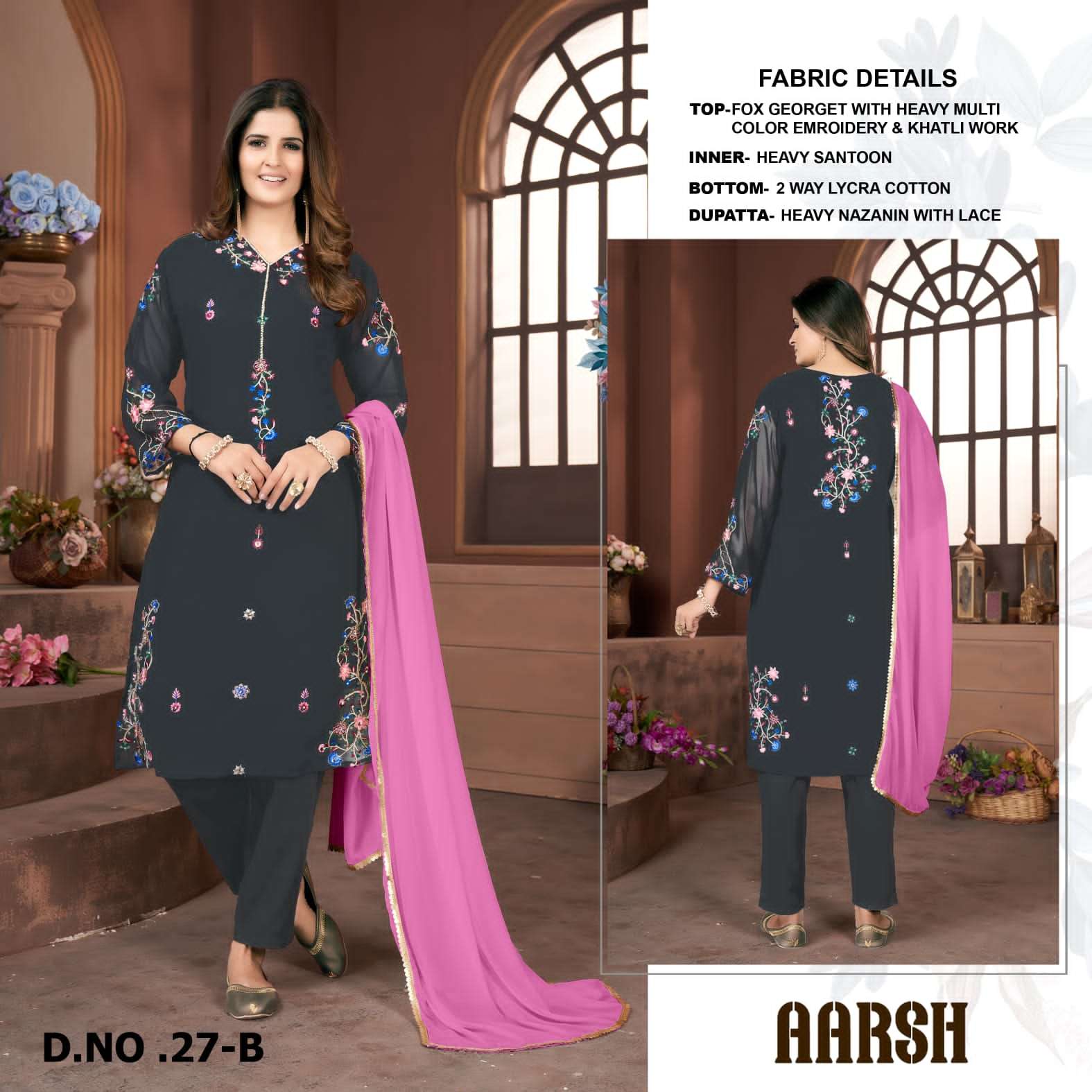 D.NO 27 BY AARSH TM PRESENTING NEW HEAVY GEORGETTE READY MADE SUIT COLLECTION WHOLESALER