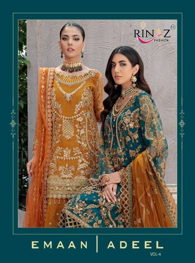 EMAAN ADEEL VOL.-04 BY RINAZ FASHION PRESENTING NEW HEAVY FANCY FOX GEORGETTE TOP BOTTOM WITH DUPATTA COLLECTION WHOLESALER