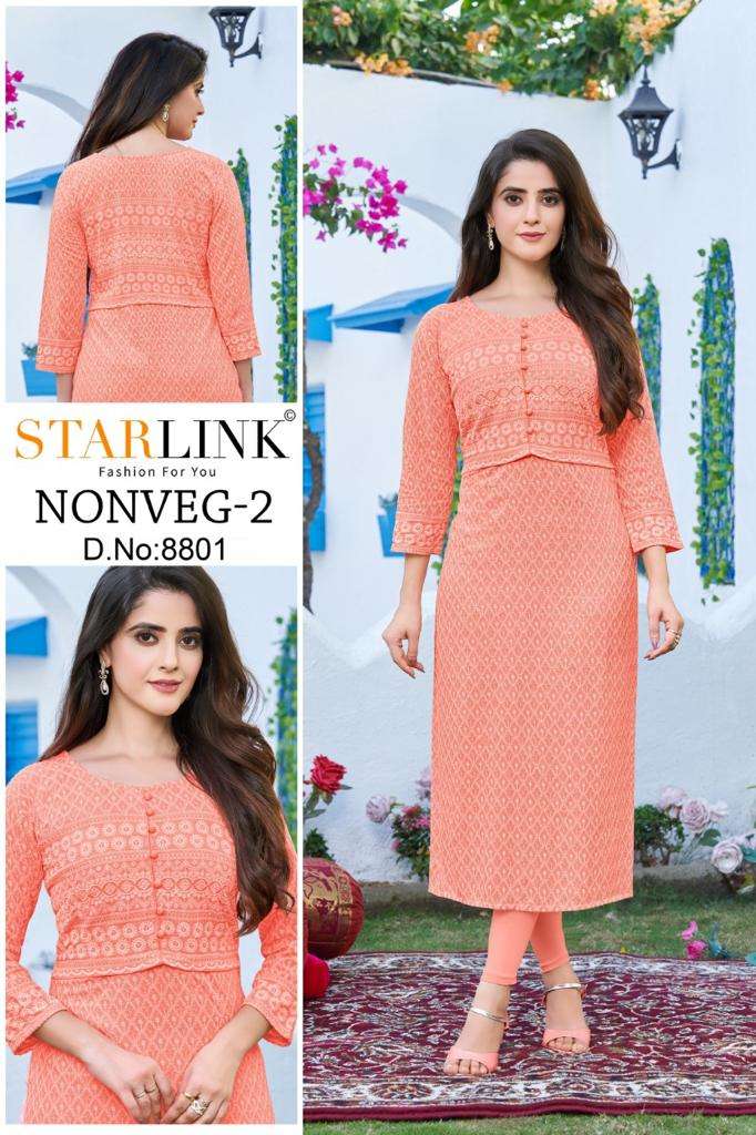 NON VEG 2 BY STARLINK PRESENTING NEW HEAVY FANCY RAYON WITH SCHIFFLI WORK KURTI COLLECTION WHOLESALER