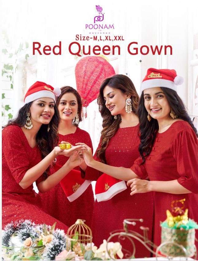 RED QUEEN GOWN BY POONAM DESIGNER PRESENTING NEW HEAVY FANCY RAYON CHIKEN WORK GOWN COLLECTION WHOLESALE