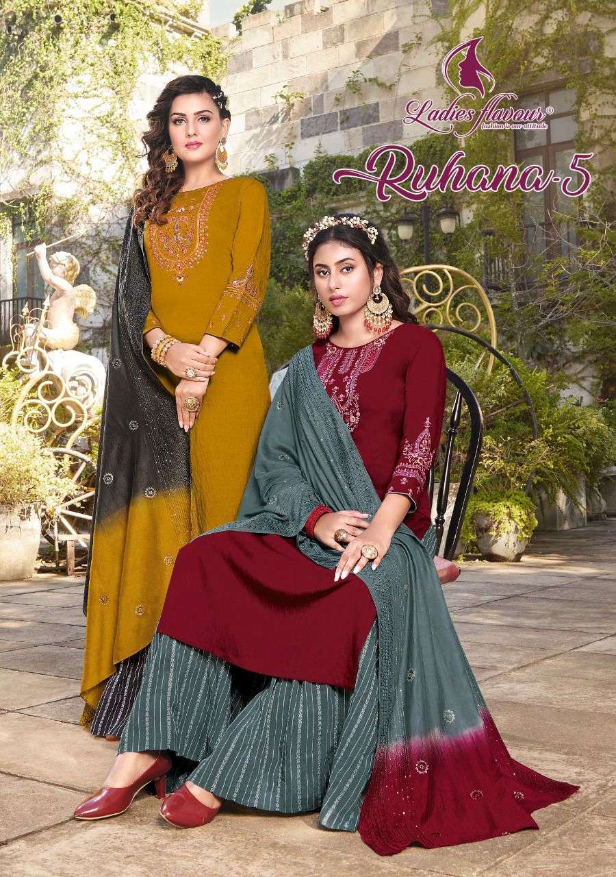 RUHANA VOL 5 BY LADIES FLAVOUR PRESENTING NEW HEAVY FANCY PURE VISCOSE KURTI PLAZO WITH DUPATTA COLLECTION WHOLESALER