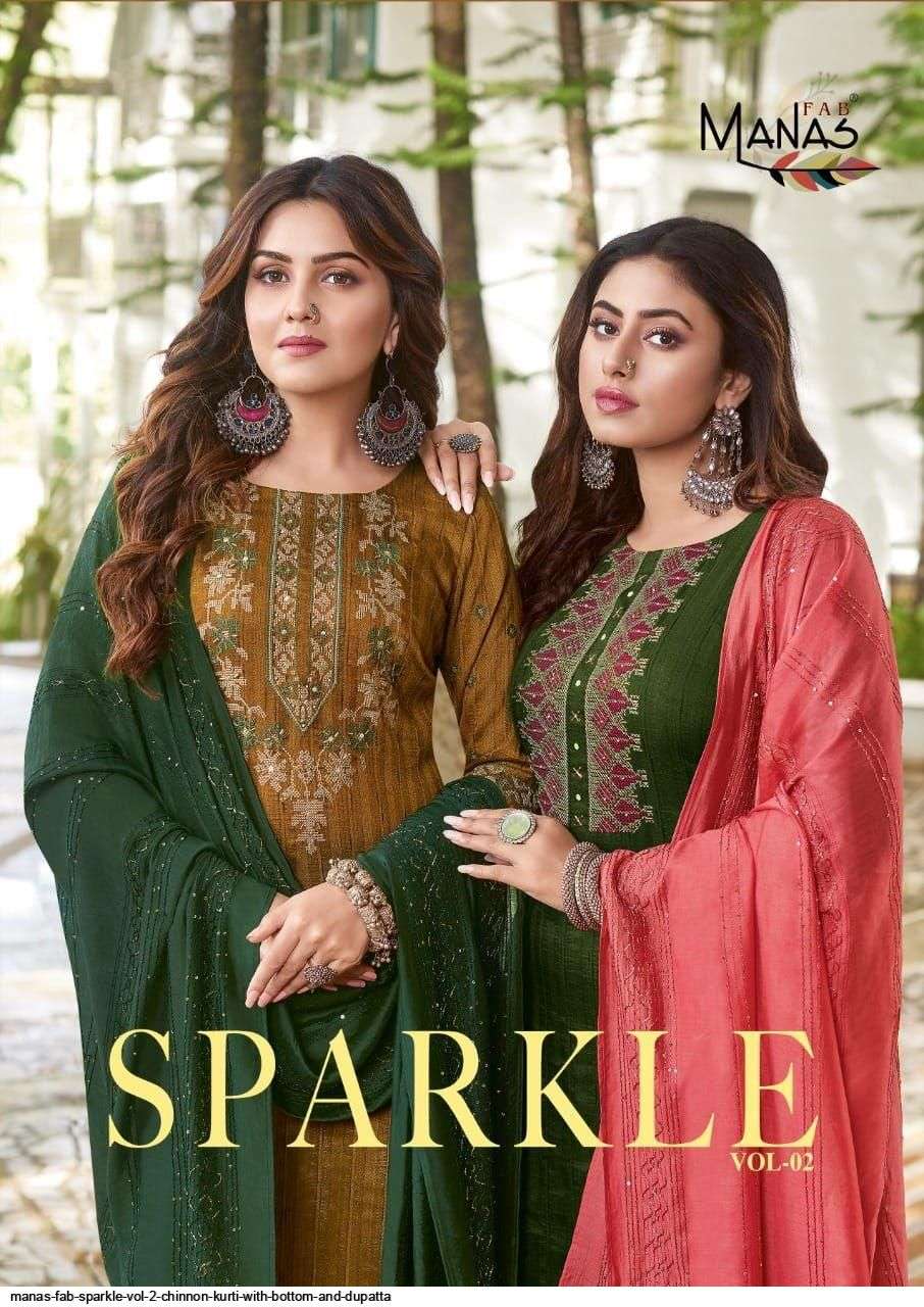SPARKLE VOL 2 BY MANAS PRESENTING NEW HEAVY FANCY CHINON WEAVING KURTI PENT WITH DUPATTA COLLECTION WHOLESALER