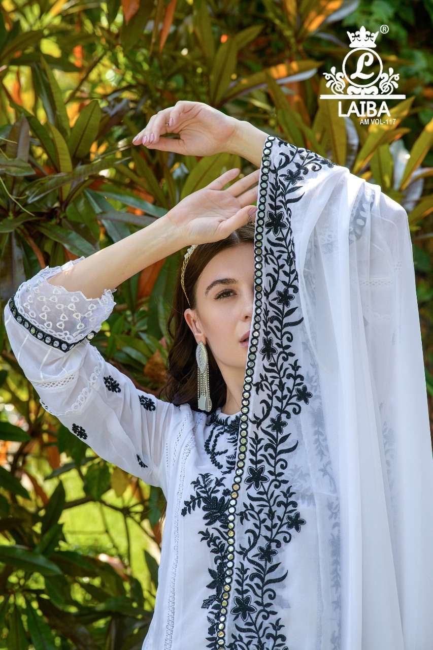 AM VOL-117 BY LAIBA DESIGNER STUDIO PRESENTING NEW HEAVY FANCY DESIGNER GEORGETTE BLACK AND WHITE PAKISTANI READYMADE SUIT COLLECTION WHOLESALER
