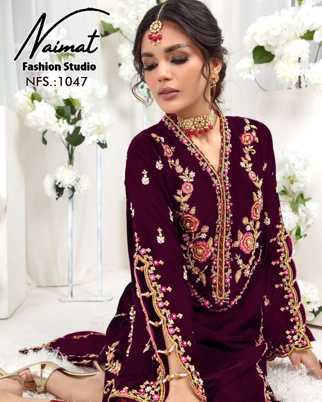 NFS-1047 BY NAIMAT FASHION STUDIO PRESENTING NEW HEAVY FANCY DESIGNER PURE BLOMMING GEORGETTE EMBRODIERY WORK READYMADE PAKISTANI SUIT COLLECTION WHOLESALER