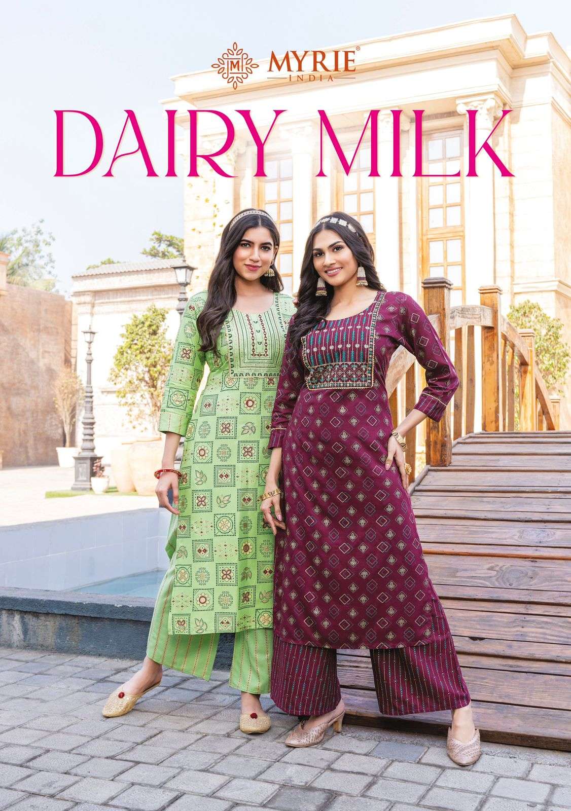 DAIRY MILK BY MAYRIE INDIA PRESENTING NEW HEAVY FANCY DESIGNER HEAVY RAYON PRINT EMBRODIERY WORK KURTI WITH PLAZO FESTIVAL WEAR COLLECTION WHOLESALER