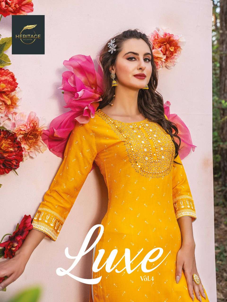LUXE VOL 4 BY HERITAGE COLLECTION PRESENTING NEW HEAVY FANCY DESIGNER RAYON PRINTED SEQUENCE WORK REGULAR WEAR KURTI WITH PLAZO COLLECTION WHOLESALER