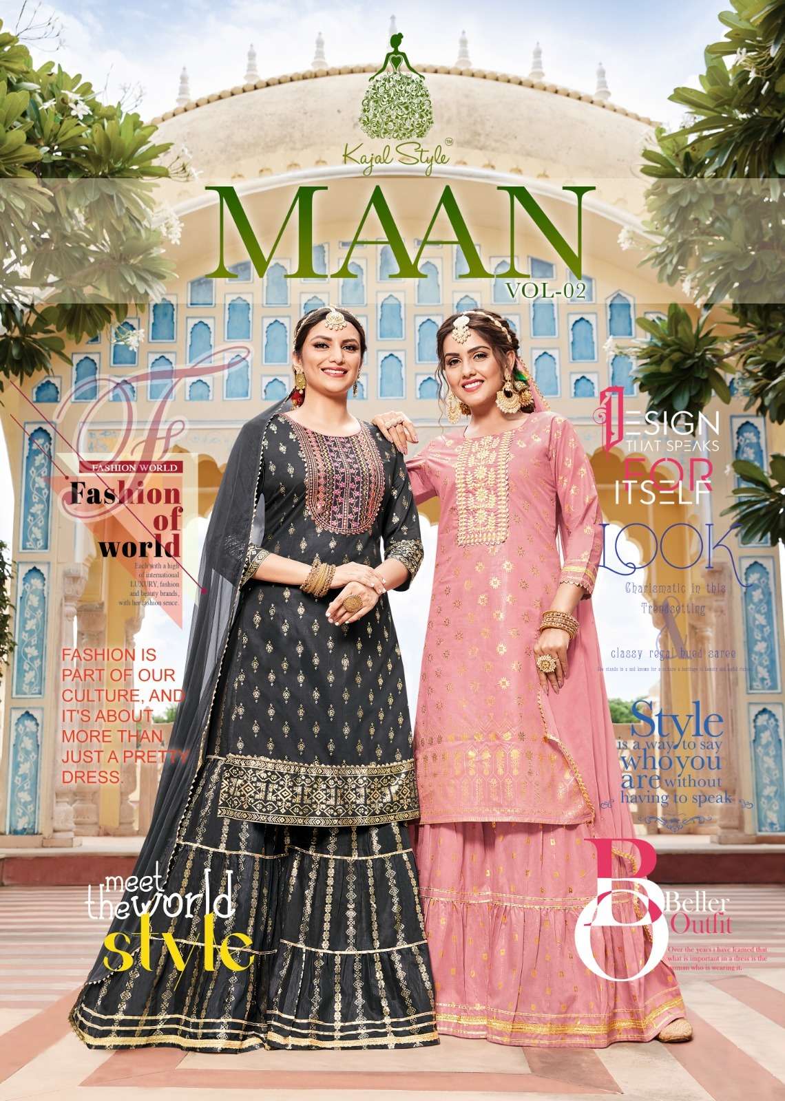 MAAN VOL 2 BY KAJAL STYLE PRESENTING NEW HEAVY FANCY DESIGNER CHANDERI PRINT SEQUENCE EMBRODIERY WORK KURTI SARARA WITH DUPATTA WEDDING FESTIVAL WEAR COLLECTION WHOLESALER