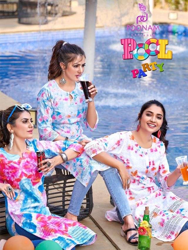 POOL PARTY BY POONAMD DESIGNER PRESENTING NEW HEAVY FANCY DESIGNER PURE COTTON CHIKEN WORK HOLI FESTIVAL WEAR KURTI COLLECTION WHOLESALER