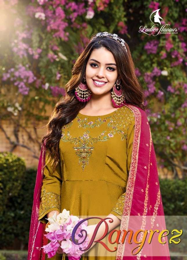 RANGREZ BY LADIES FLAVOUR PRESENTING NEW HEAVY FANCY DESIGNER PURE SILK EMBRODIERY WORK GOWN WITH DUPATTA WEDDING WEAR HEAVY COLLECTION WHOLESALER