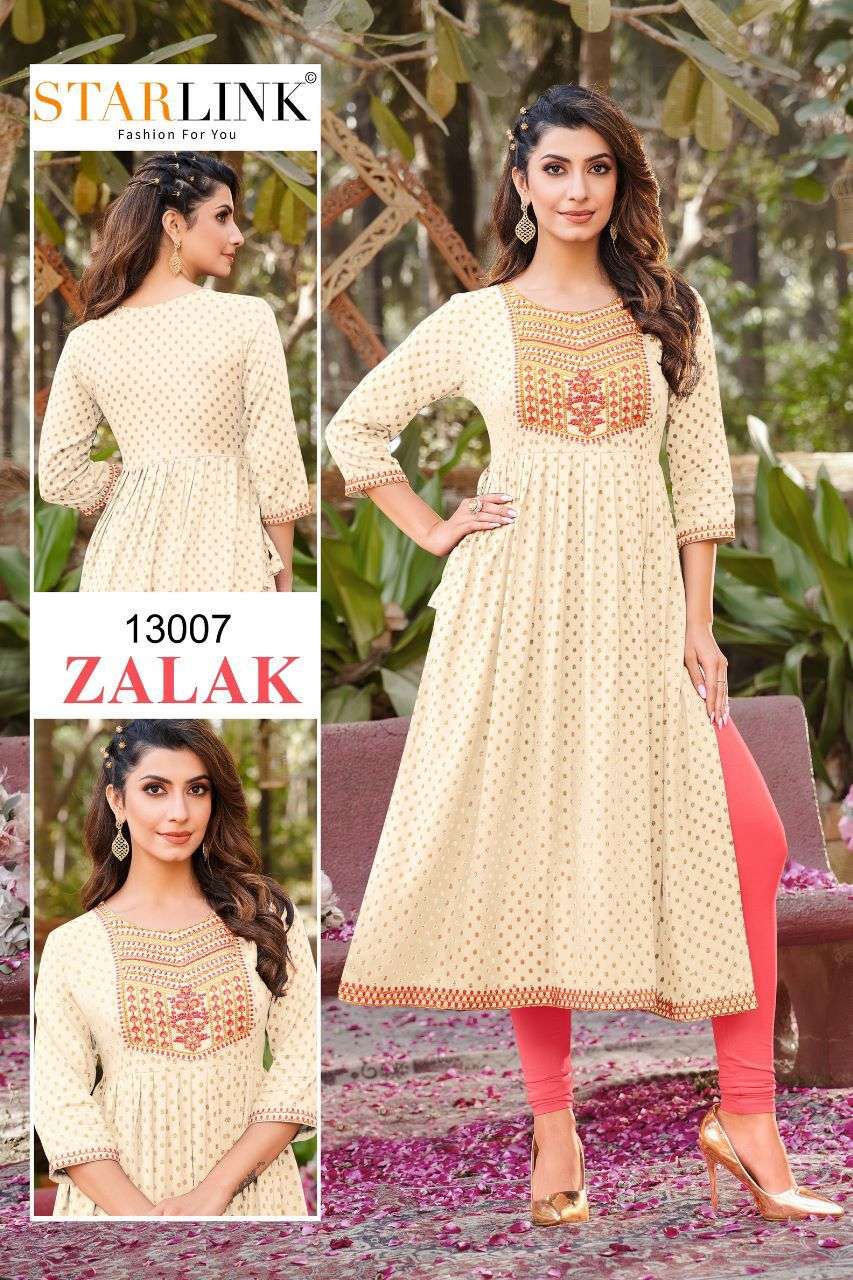 ZALAK BY STARLINK PRESENTING NEW HEAVY FANCY DESIGNER RAYON FOIL PRINT EMBRODIERY WORK NAYRA CUT REGULAR WEAR KURTI COLLECTION WHOLESALER