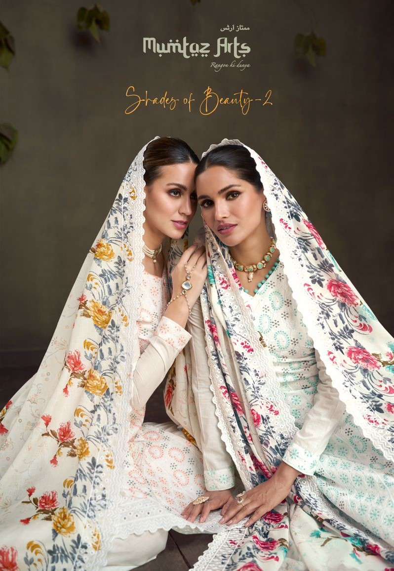 MUMTAZ ARTS SHADES OF BEAUTY 2 NEW HEAVY FANCY DESIGNER PURE LAWN LUCKNOWI EMBRODIERY WORK UNSTICH SUIT COLLECTION WHOLESALER