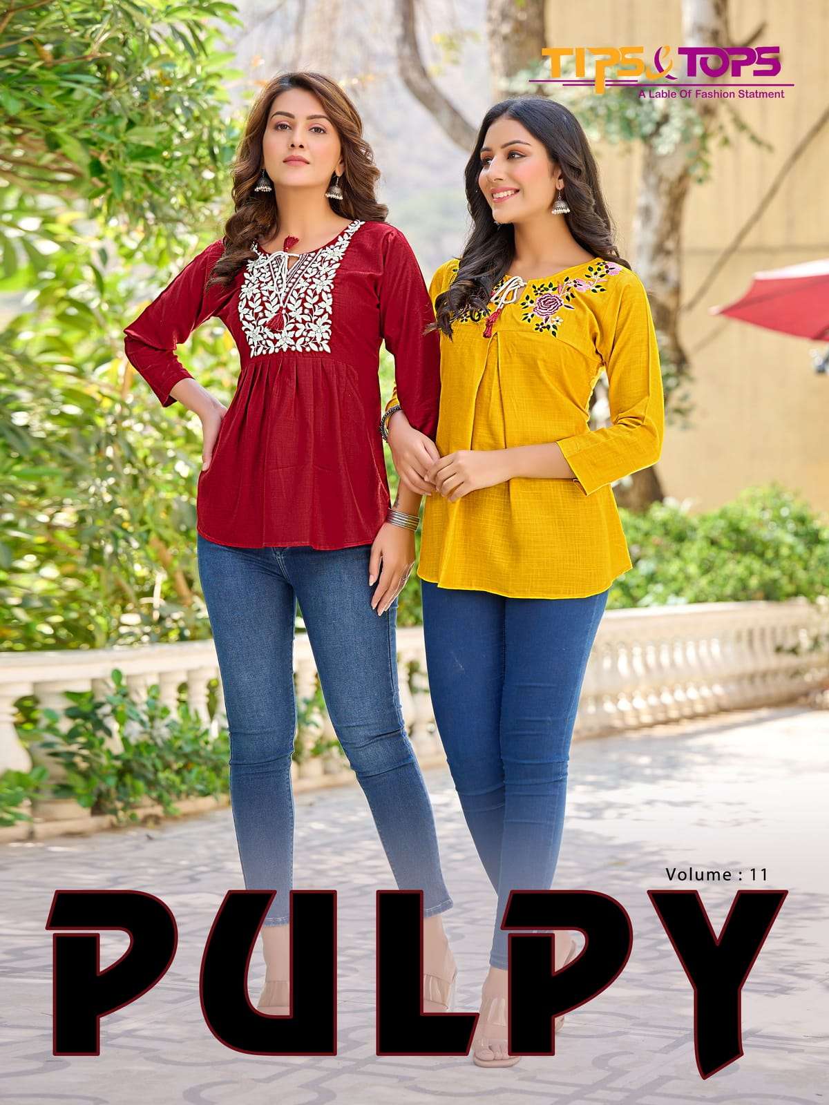 PULPY VOL 11 BY TIPS & TOPS PRESENTING NEW HEAVY FANCY DESIGNER HEAVY RAYON SLUB EMBRODIERY WORK REGULAR WEAR SHORT TOP COLLECTION WHOLESALER
