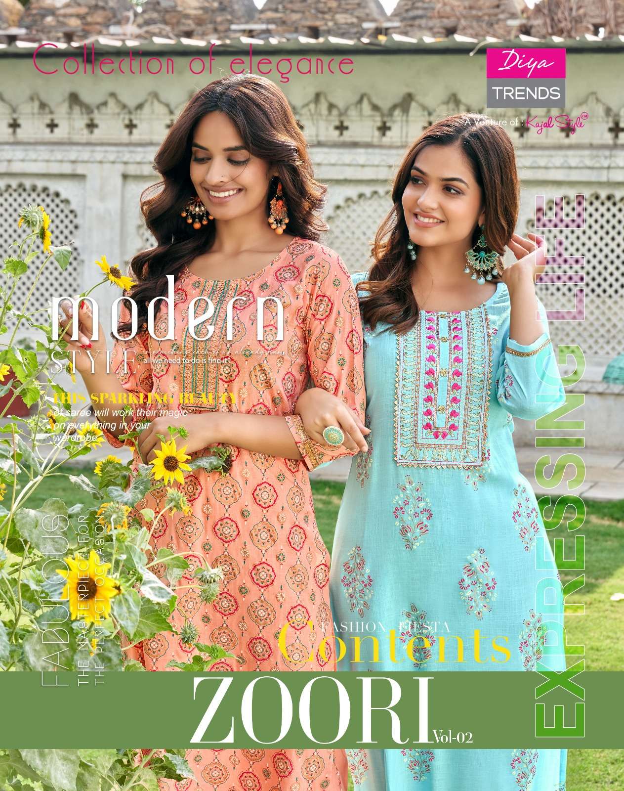 DIYA TRENDS  ZOORI VOL 2 NEW HEAVY FANCY DESIGNER RAYON WITH CLASSY GOLD PRINT EMBRODIERY WORK KURTI WITH PENT FESTIVAL COLLECTION WHOLESALER