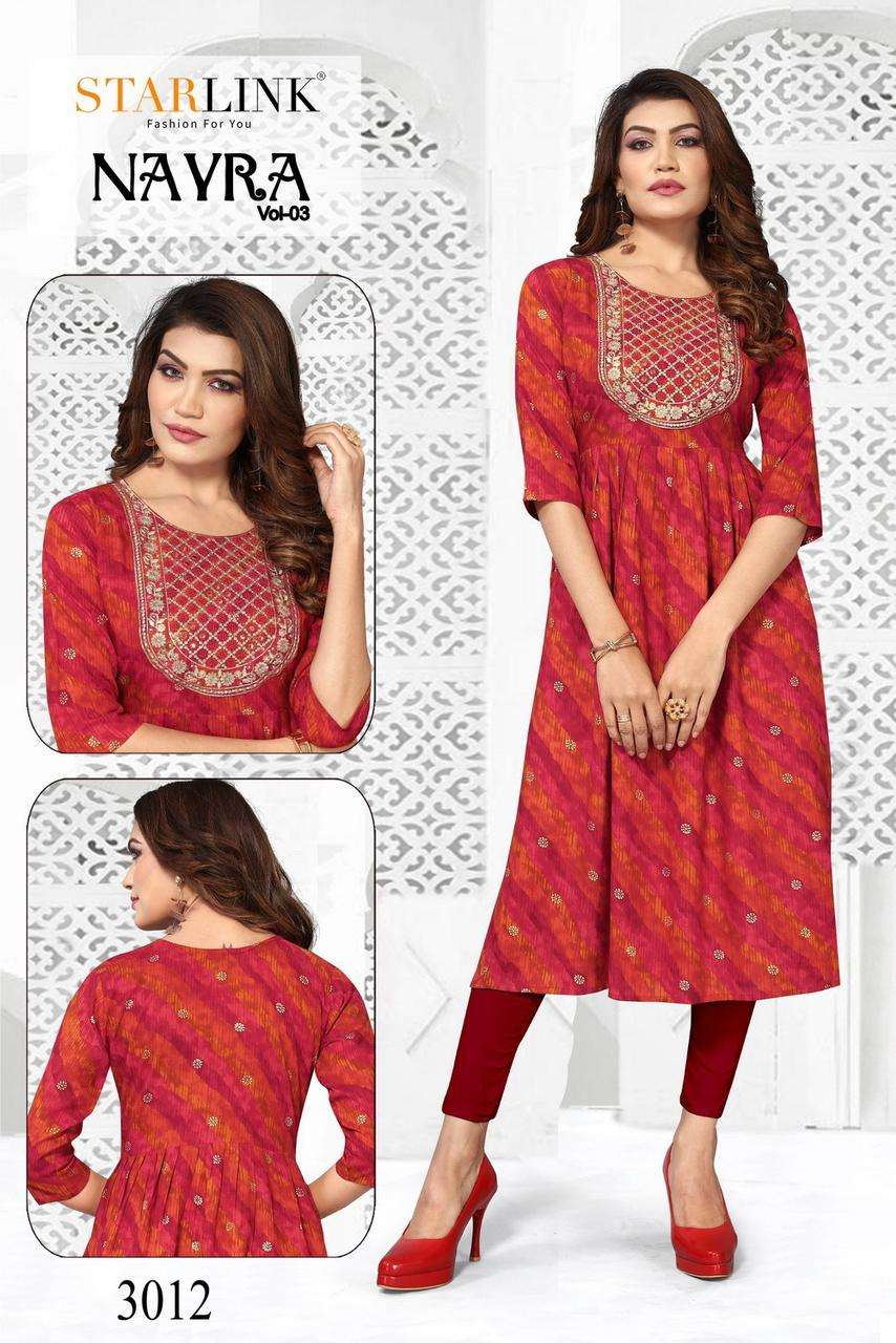 STARLINK NAYRA VOL 3 D.NO.3001 TO 3027 NEW HEAVY FANCY DESIGNER RAYON PRINT NECK WORK NYRA CUT KURTI SIZE SET FESTIVAL COLLECTION WHOLESALER