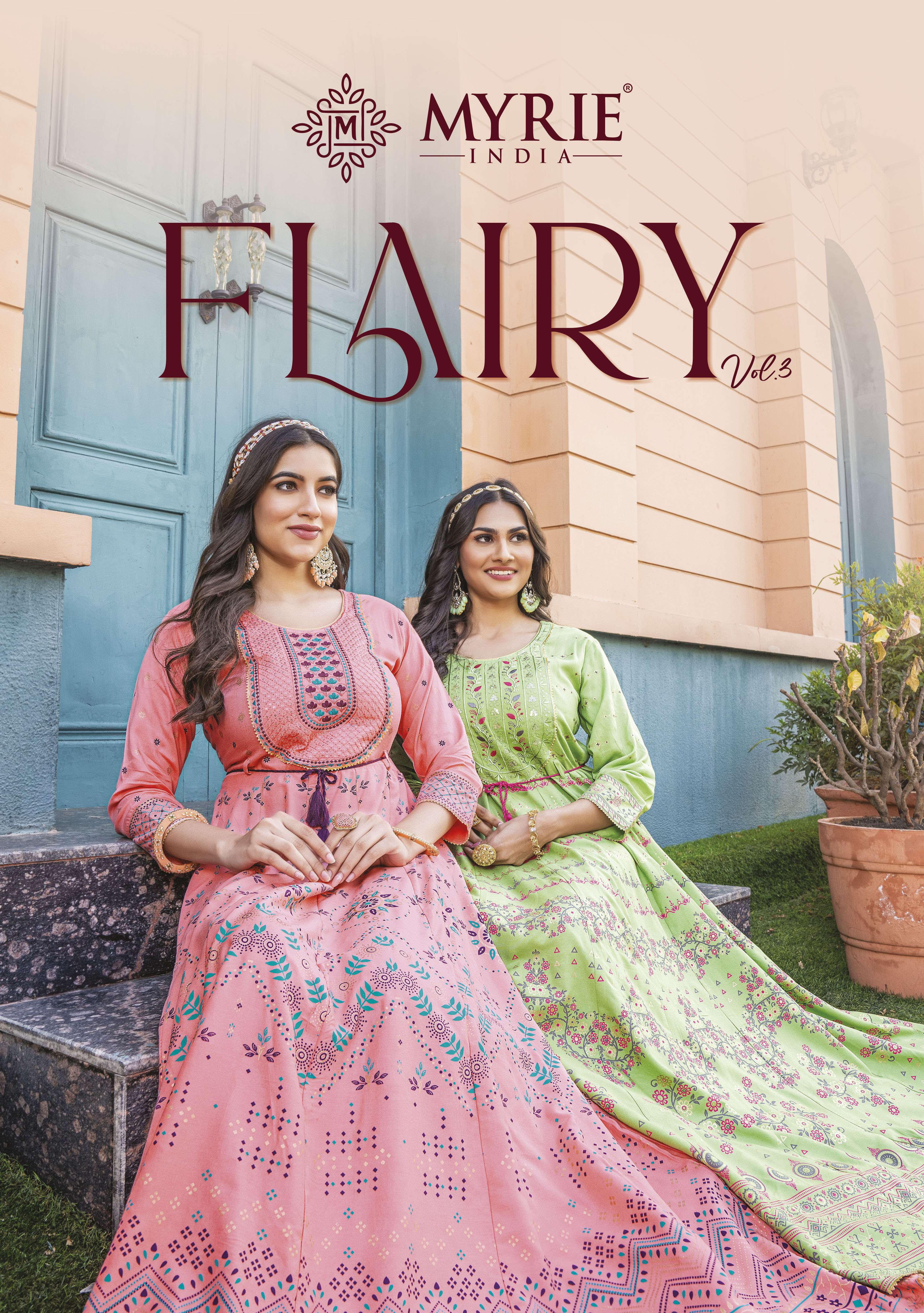 MYRIE INDIA FLAIRY VOL 3 NEW HEAVY FANCY DESIGNER RAYON PRINTED GOWN WITH EMBRODIERY WORK FESTIVAL COLLECTION WHOLESALER