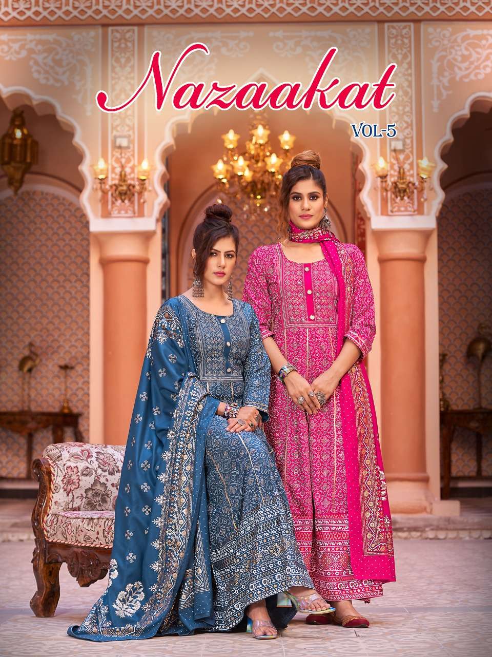 VIYAA DESIGNER NAZAAKAT VOL 5 NEW HEAVY FANCY DESIGNER PURE RAYON GOLD FOIL PRINTED FLAIR GOWN WITH DUPATTA FESTIVAL COLLECTION WHOLESALER 