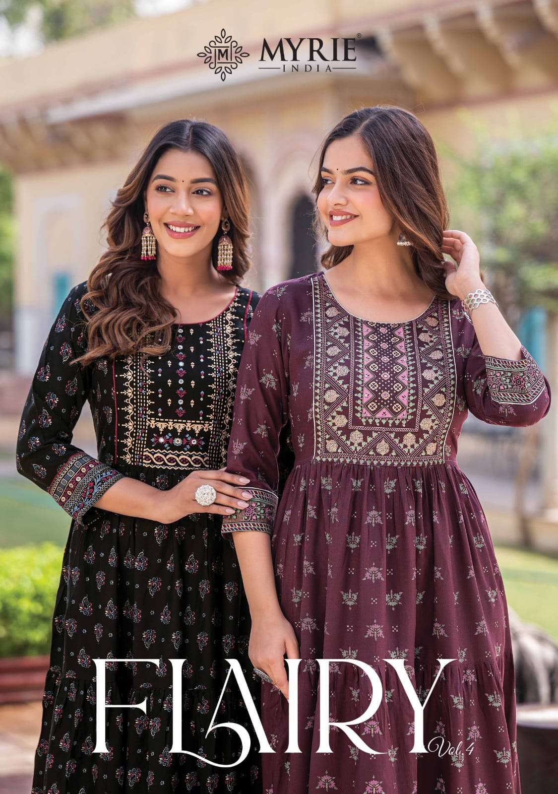 MYRIE INDIA FLAIRY VOL 4 NEW HEAVY FANCY DESIGNER RAYON PRINTED WITH EMBRODIERY WORK TYRE KALI STYLE FLAIR GOWN FESTIVAL COLLECTION WHOLESALER
