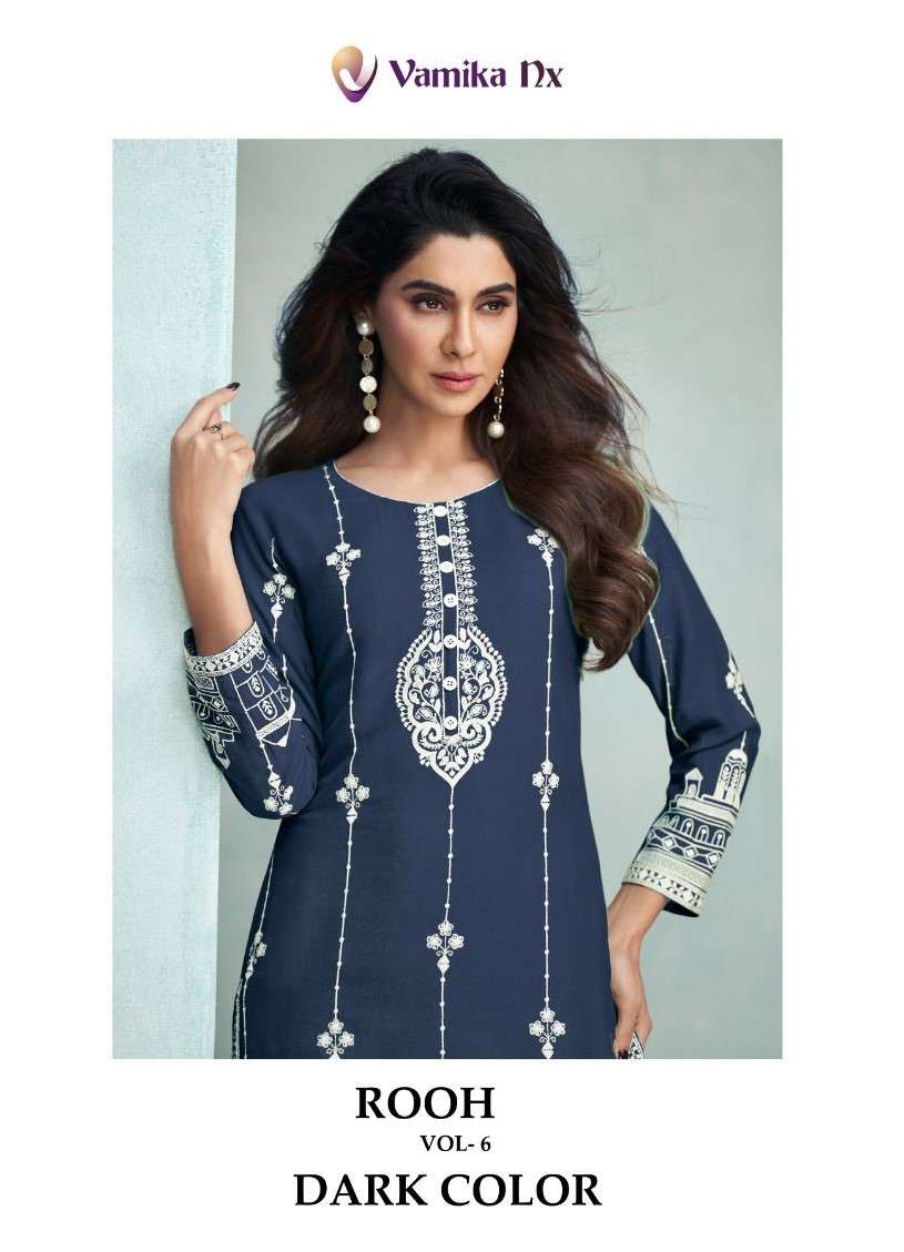 VAMIKA NX ROOH VOL 6 DARK COLOR NEW HEAVY FANCY DESIGNER PURE RAYON VISCOSE LUCKNOWI WORK KURTI WITH PENT FESTIVAL COLLECTION WHOLESALER