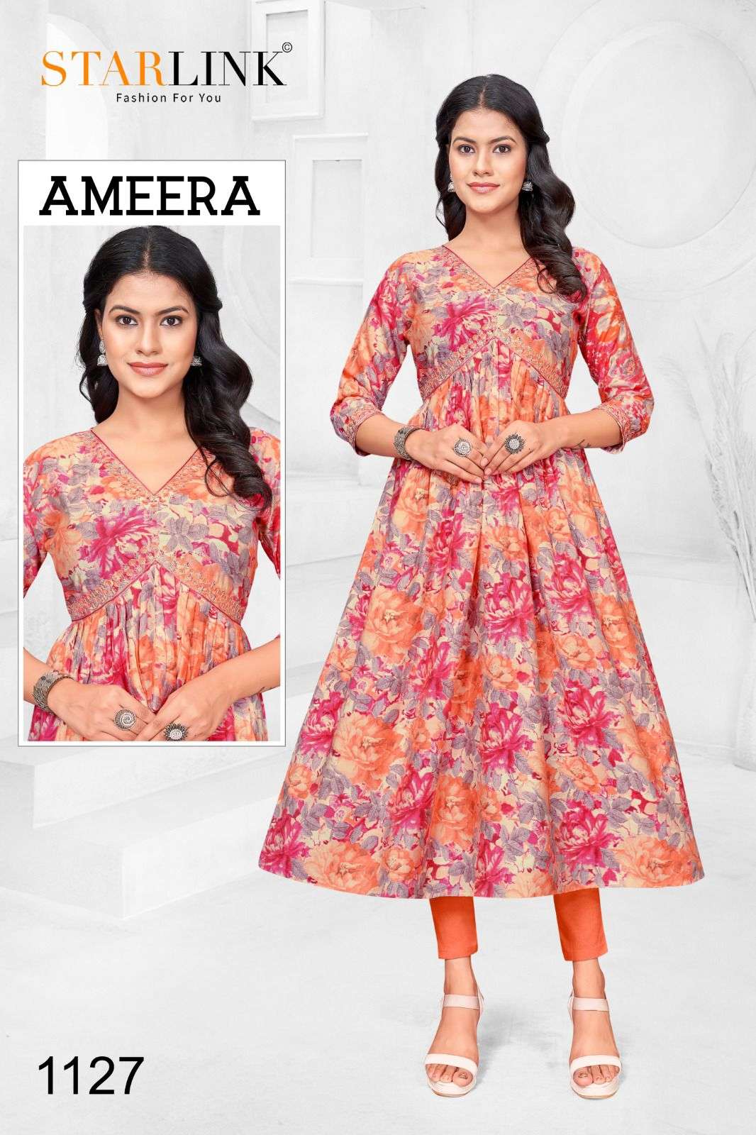 STARLINK AMEERA 2 NEW HEAVY FANCY DESIGNER MODAL SILK FOIL WITH EMBRODIEY WORK ALIA CUT FLAIR KURTI FESTIVAL WEAR COLLECTION WHOLESALER