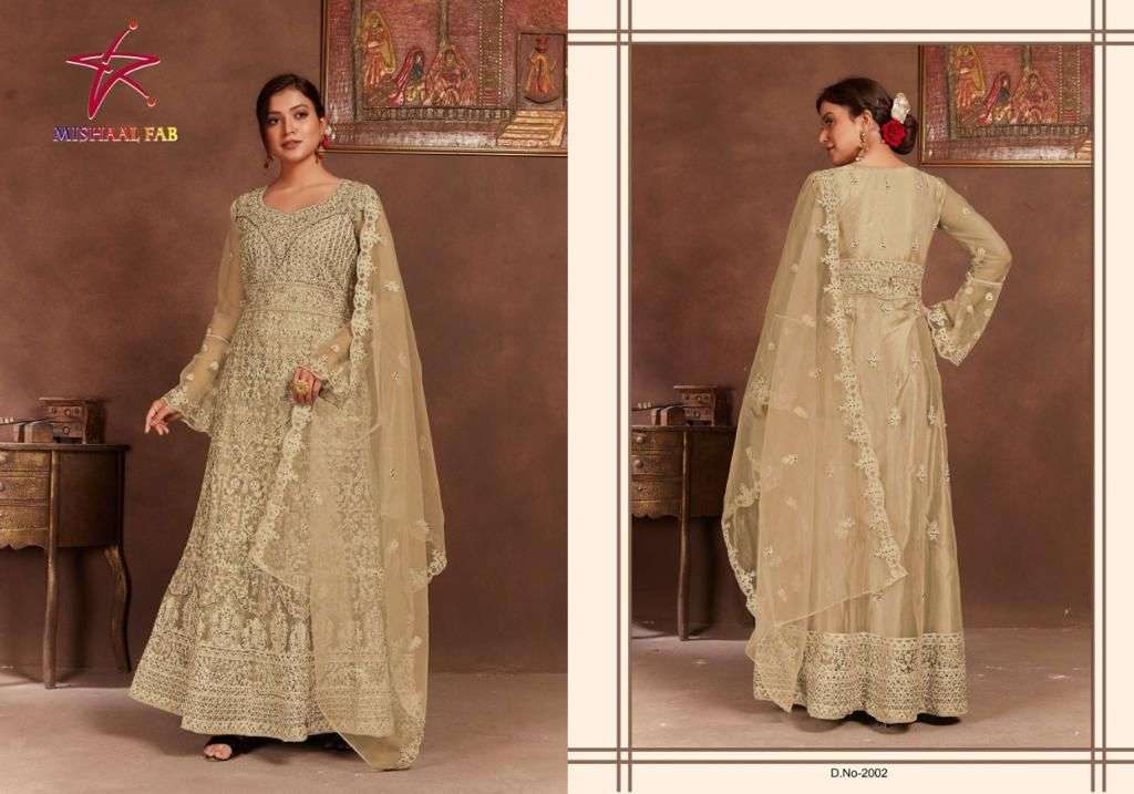 MISHAAL FAB D.NO.2001 NEW HEAVY FANCY DESIGNER NET WITH EMBRODIERY WORK HEAVY WEDDING WEAR COLLECTION WHOLESALER