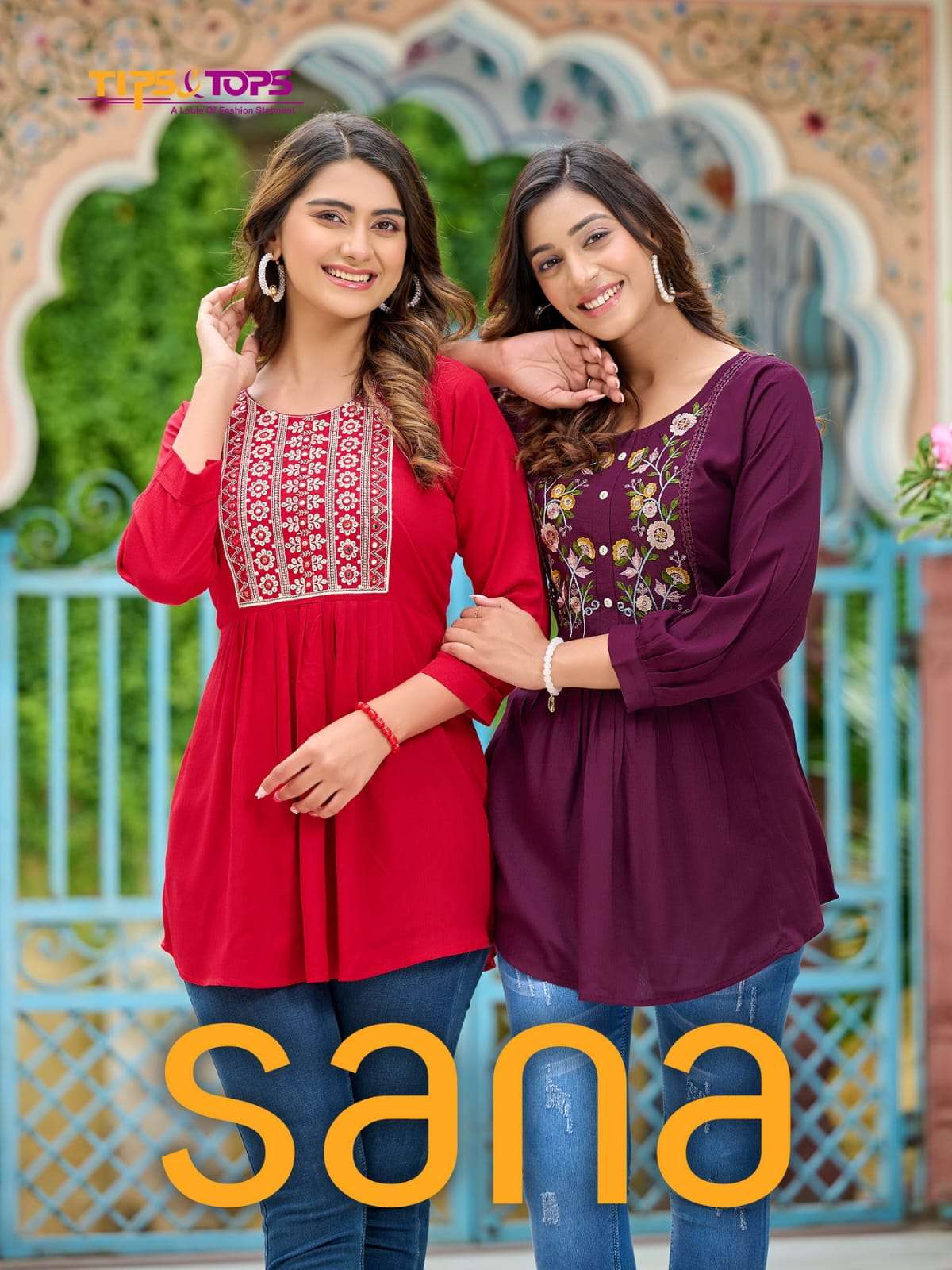 TIPS & TOPS SANA NEW HEAVY FANCY DESIGNER RAYON WRINKLE WITH EMBRODIERY WORK SHORT TOP WESTERN WEAR COLLECTION WHOLESALER