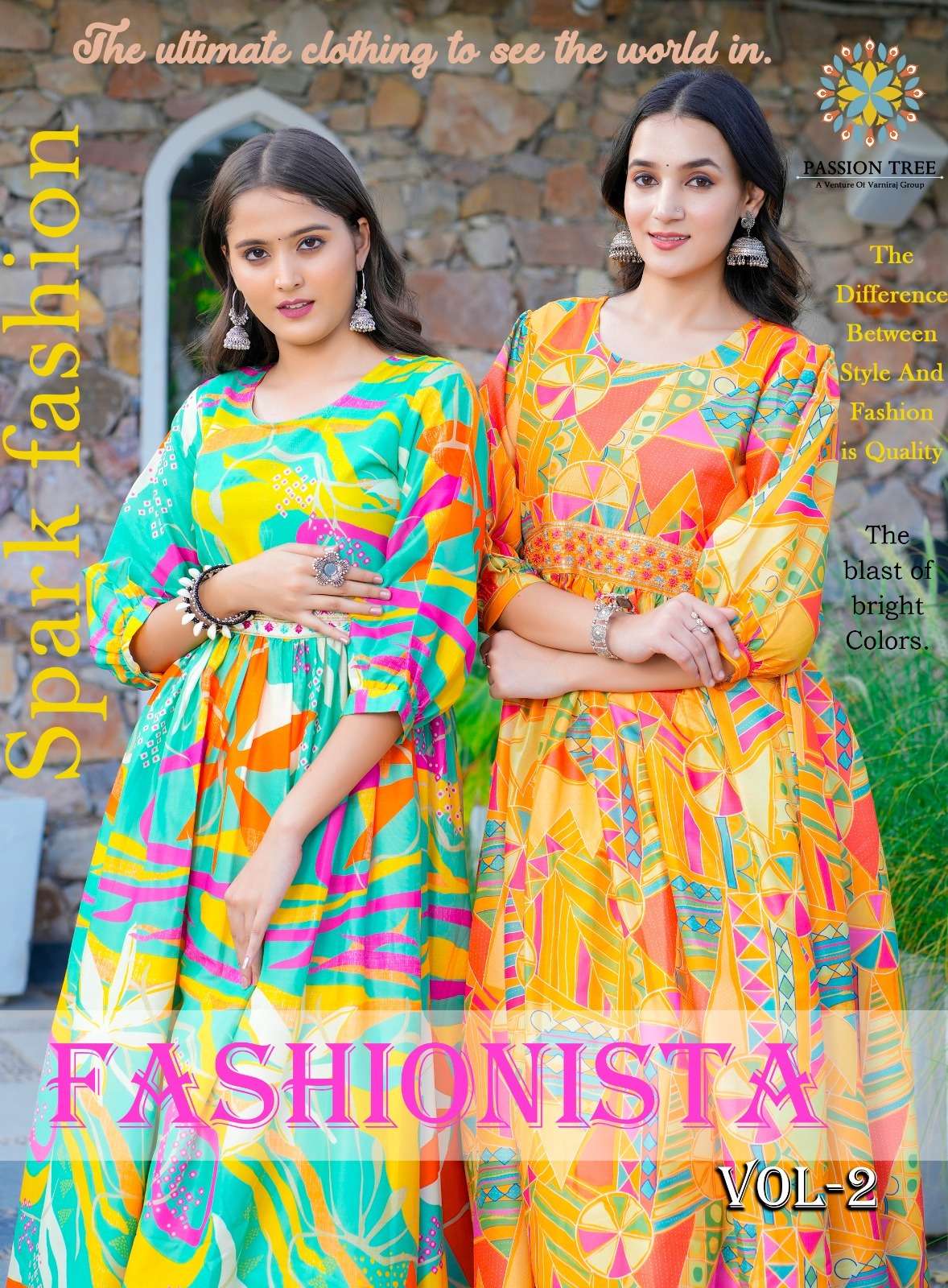 PASSION TREE FASHIONISTA VOL 2 NEW HEAVY FANCY DESIGNER MUSLINE WITH DIGITAL PRINT AALIYA CUT EMBRODIERY WORK FLAIR KURTI GOWN FESTIVAL WEAR COLLECTION WHOLESALER