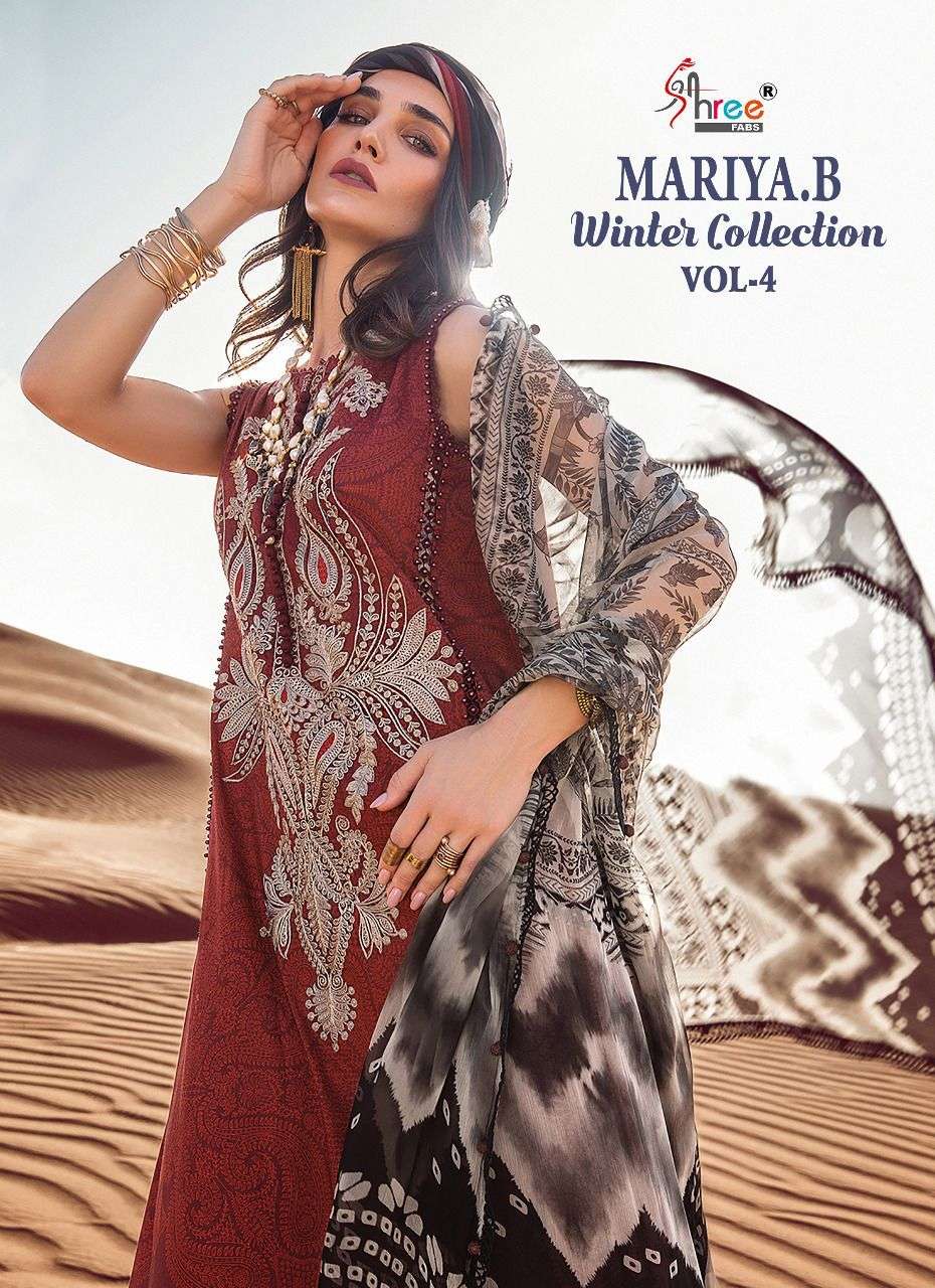SHREE FAB MARIYA B WINTER COLLECTION VOL 4 NEW HEAVY FANCY DESIGNER PASHMINA PRINT EMBRODIERY PATCH WORK UNSTICH SUIT WINTER COLLECTION WHOLESALER