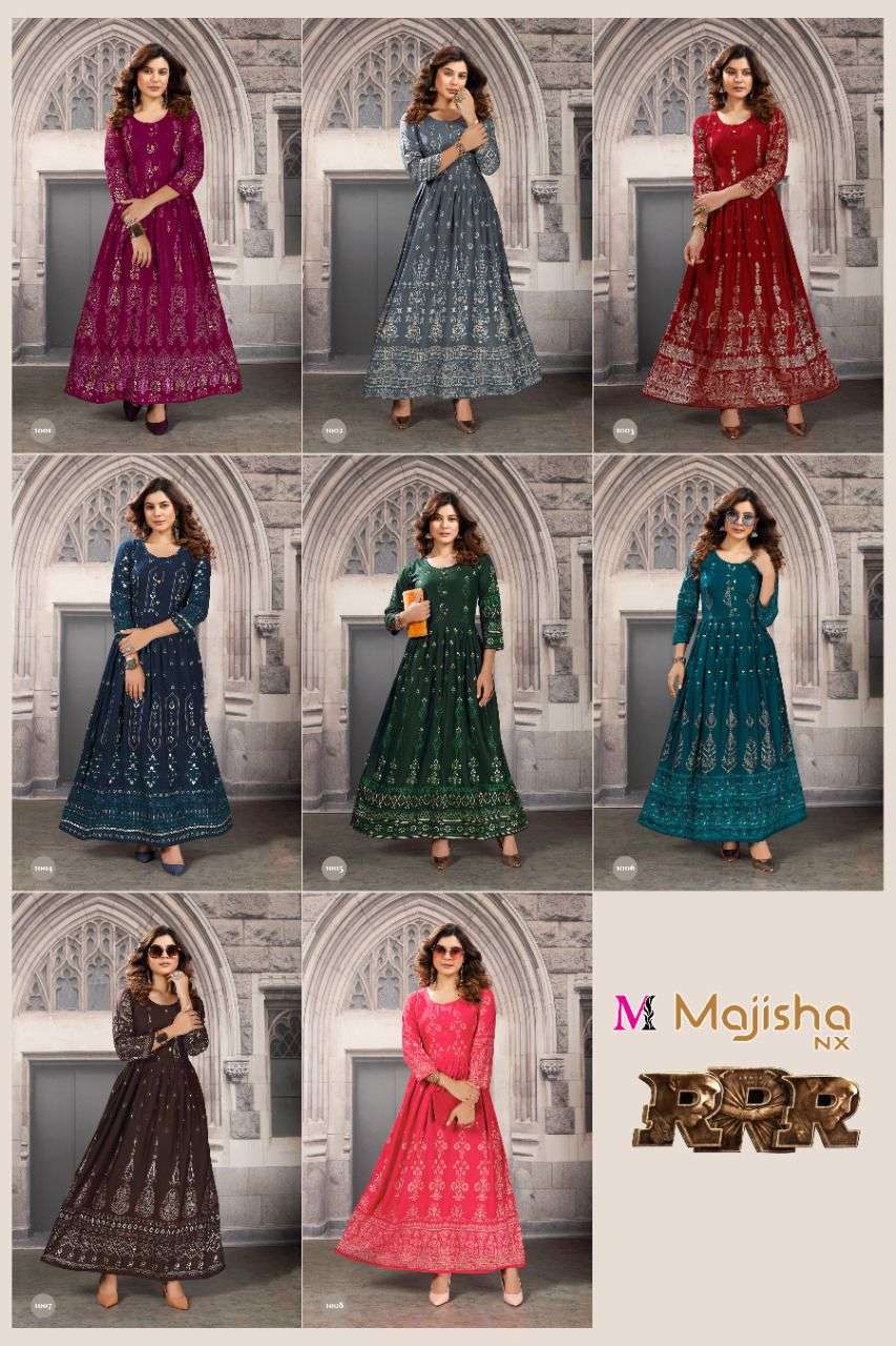 RRR BY MAJISHA NX NEW HEAVY FANCY DESIGNER FLOOR LENGTH RAYON FOIL KURTI  COLLECTION WHOLESALER